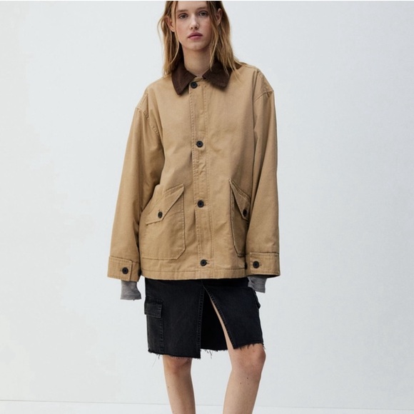 NWT H&M oversized canvas jacket beige brown chore barn jacket size XS and Small - Picture 3 of 13
